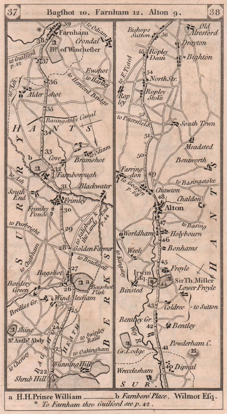 Bagshot-Aldershot-Farnham-Alton-Old Alresford road strip map PATERSON 1803